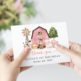 Farm Animals, Cute Animals, Barn, First Birthday Thank You Card