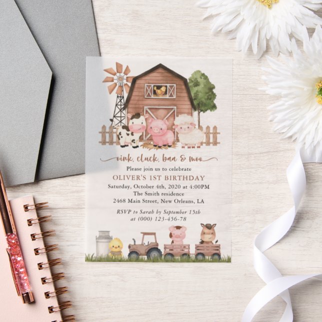 Farm Animals, Cute Animals, Barn, First Birthday Vellum Invitations (Wedding)