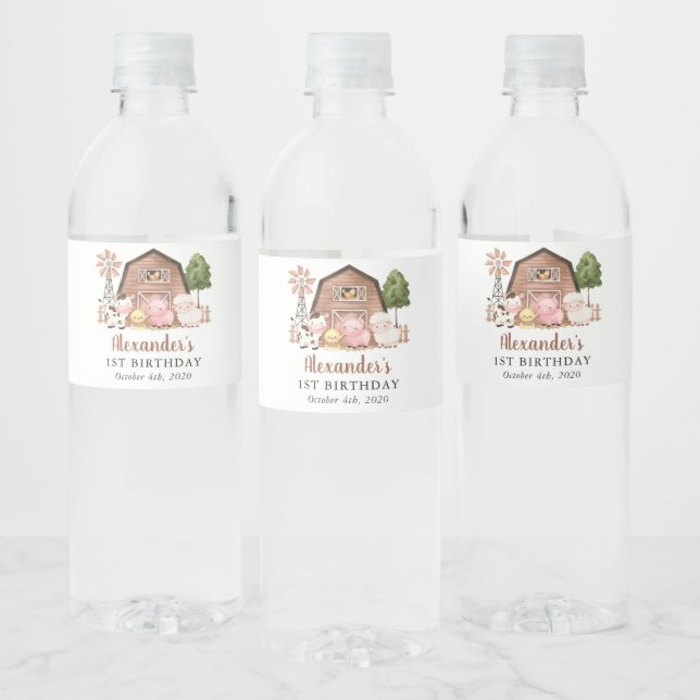 Farm Animals, Cute Animals, Barn, First Birthday Water Bottle Label (Bottles)