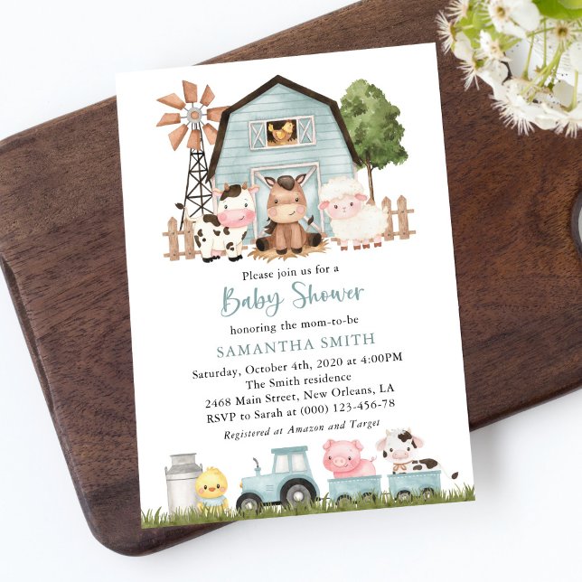 Farm Animals, Cute Animals, Blue Barn, Baby Shower Invitation (Creator Uploaded)