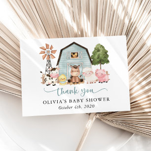 Farm Animals, Cute Animals, Blue Barn, Baby Shower Thank You Card