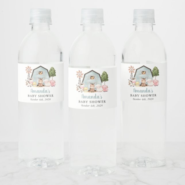 Farm Animals, Cute Animals, Blue Barn, Baby Shower Water Bottle Label (Bottles)