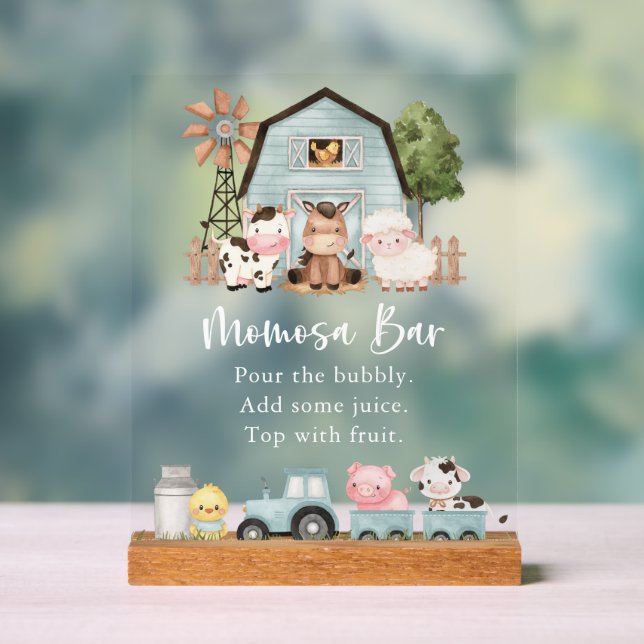 Farm Animals, Cute Animals, Blue Barn, Momosa Bar Acrylic Sign (Neutral)