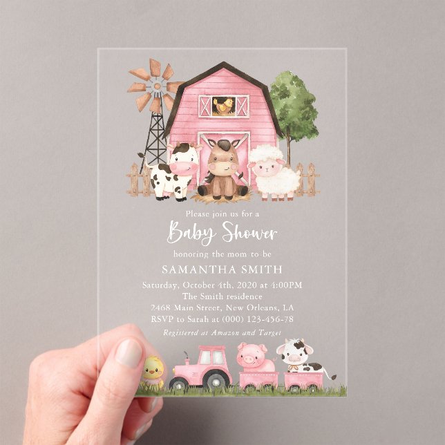 Farm Animals, Cute Animals, Pink Barn, Baby Shower Acrylic Invitations (Insitu (Handheld))