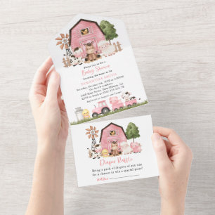 Farm Animals, Cute Animals, Pink Barn, Baby Shower All In One Invitation