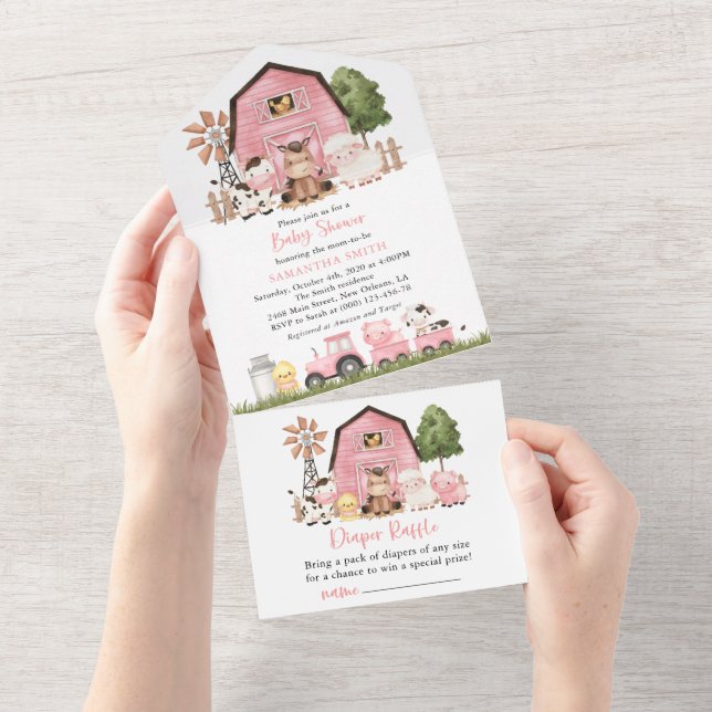 Farm Animals, Cute Animals, Pink Barn, Baby Shower All In One Invitation (Tearaway)