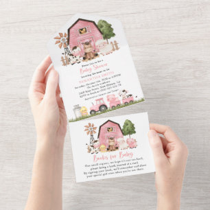 Farm Animals, Cute Animals, Pink Barn, Baby Shower All In One Invitation