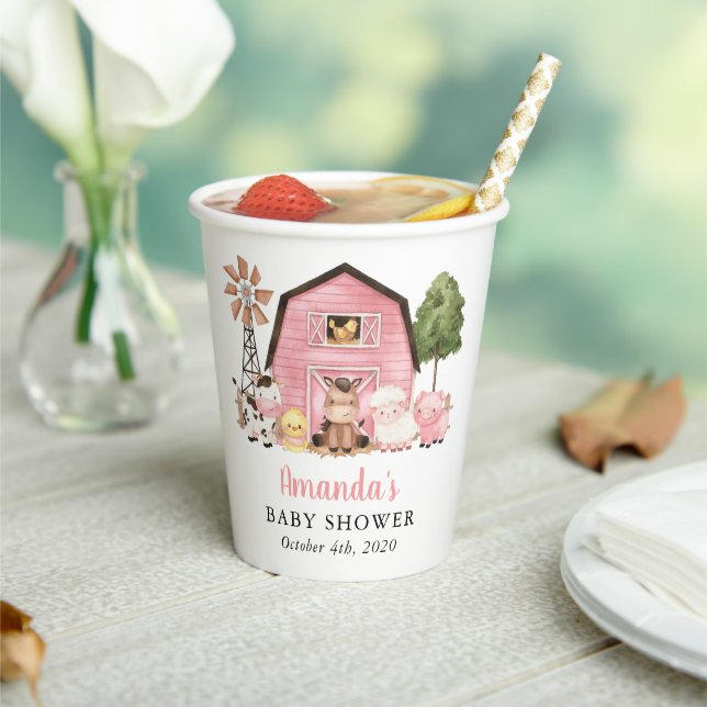 Farm Animals, Cute Animals, Pink Barn, Baby Shower Paper Cups (Insitu)
