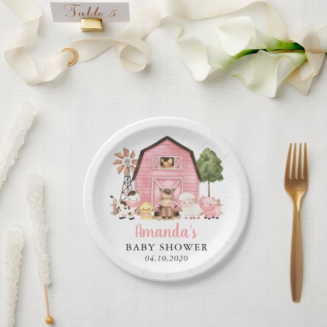 Farm Animals, Cute Animals, Pink Barn, Baby Shower Paper Plate (Wedding)