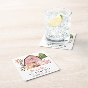 Farm Animals, Cute Animals, Pink Barn, Baby Shower Square Paper Coaster