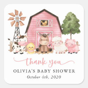 Farm Animals, Cute Animals, Pink Barn, Baby Shower Square Sticker