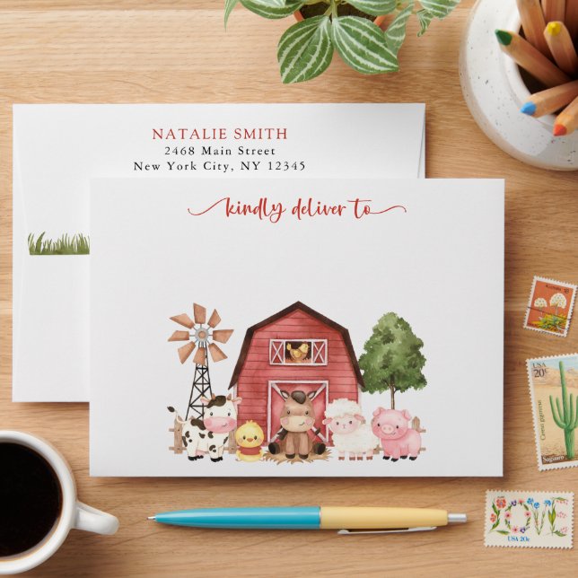 Farm Animals, Cute Animals, Red Barn, Baby Shower Envelope (Desk)