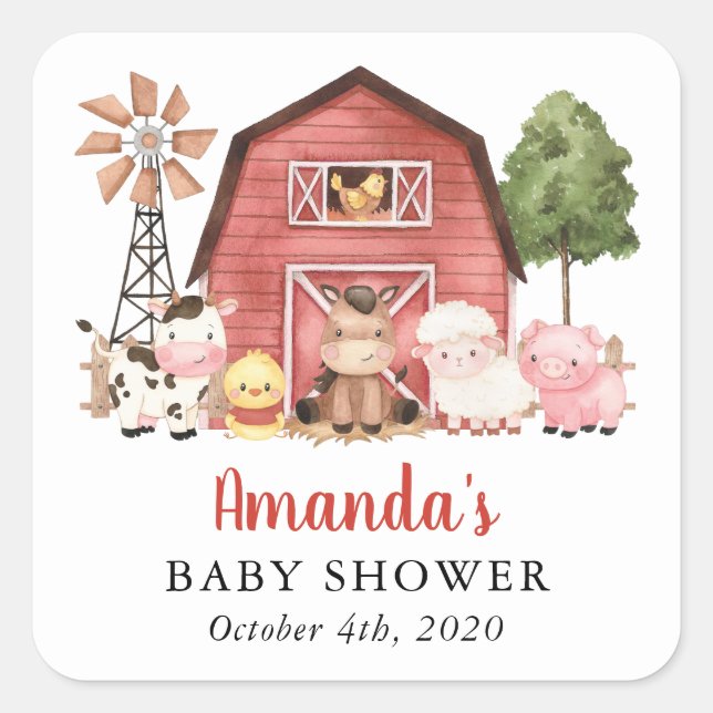 Farm Animals, Cute Animals, Red Barn, Baby Shower Square Sticker (Front)