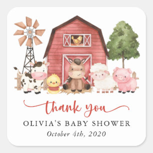 Farm Animals, Cute Animals, Red Barn, Baby Shower Square Sticker