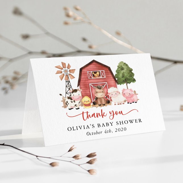 Farm Animals, Cute Animals, Red Barn, Baby Shower Thank You Card (Creator Uploaded)