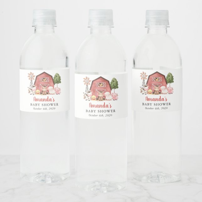 Farm Animals, Cute Animals, Red Barn, Baby Shower Water Bottle Label (Bottles)