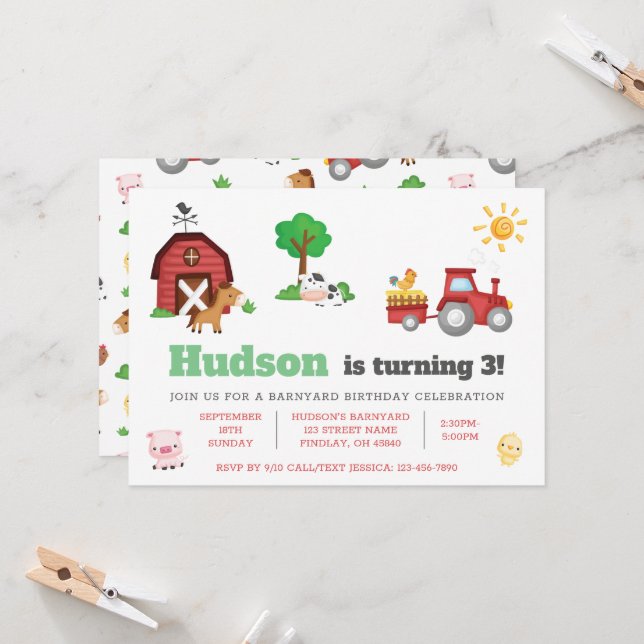 Farm Animals Cute Birthday Party - GLS Invitation (Front/Back In Situ)
