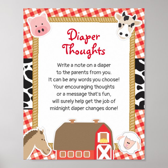 Farm Animals Diaper Thoughts Baby Shower Game Sign (Front)
