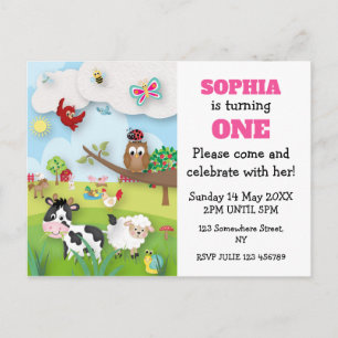 Farm Animals First Birthday Invitation Postcard