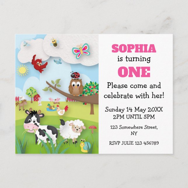 Farm Animals First Birthday Invitation Postcard (Front)