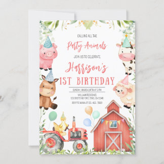 Farm Animals First Birthday Party Invitation
