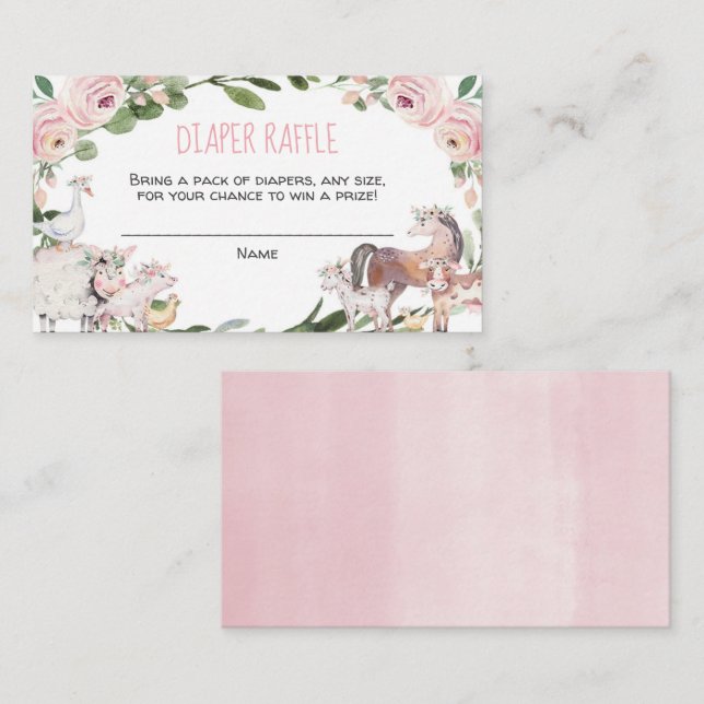 Farm animals girl baby shower diaper raffle cards (Front/Back)