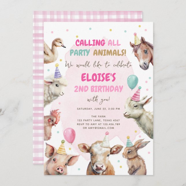 Farm Animals Girl Calling Party Animals Birthday I Invitation (Front/Back)