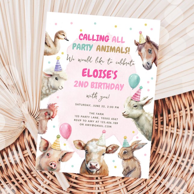 Farm Animals Girl Calling Party Animals Birthday Invitation (Creator Uploaded)