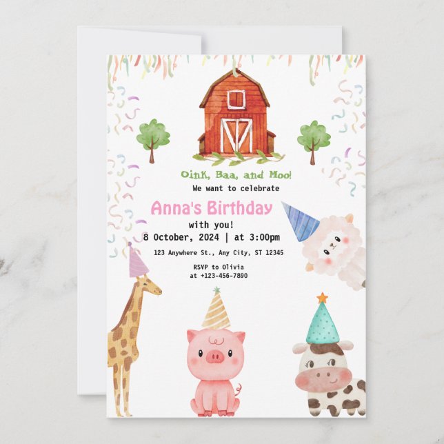 Farm Animals Girl Gingham Barnyard Birthday Invitation (Front)