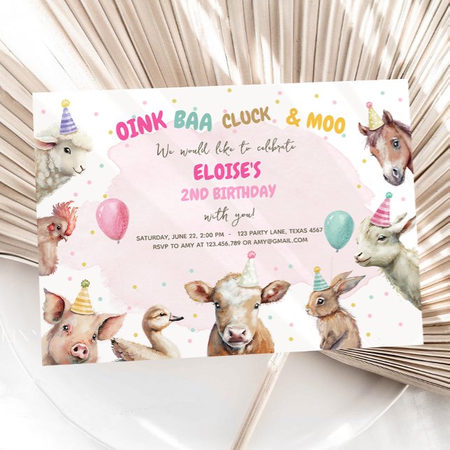 Farm Animals Girl Pink Gingham Barnyard Birthday Invitation (Creator Uploaded)