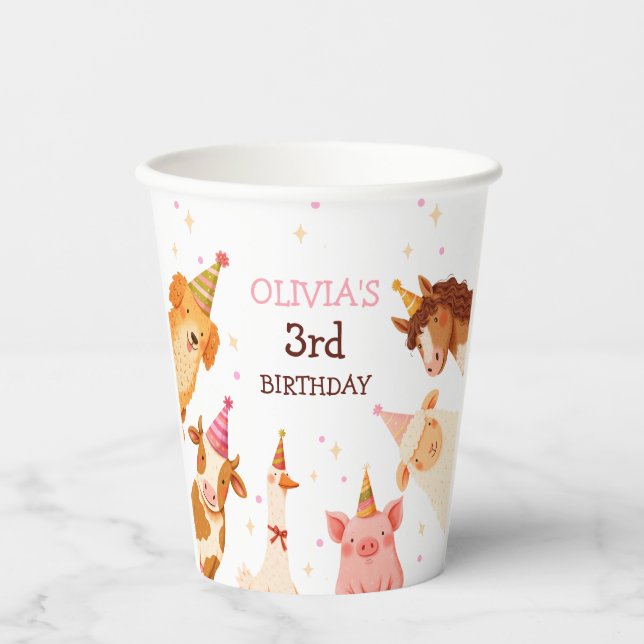 Farm Animals Girl Pink Gingham Barnyard Birthday Paper Cups (Front)