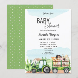 Farm Animals Green Tractor Baby Shower Invitation