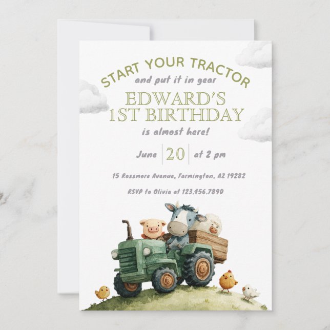 Farm Animals Green Tractor Birthday  Invitation (Front)