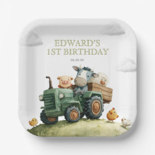 Farm Animals Green Tractor Birthday Paper Plate