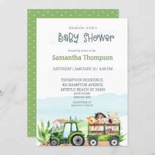 Farm Animals Green Tractor Boys Baby Shower Invitation