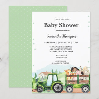 Farm Animals Green Tractor Boys Baby Shower Invitation