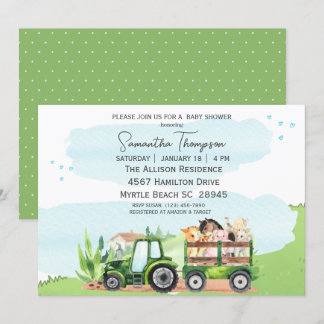 Farm Animals Green Tractor Boys Baby Shower Invitation