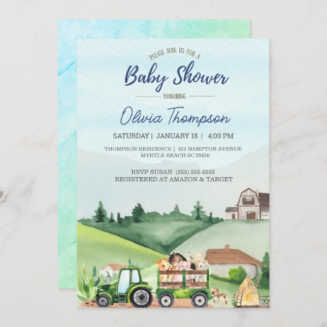   Farm Animals Green Tractor Boys Baby Shower     Invitation (Front/Back)