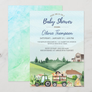 Farm Animals Green Tractor Boys Baby Shower Invitation