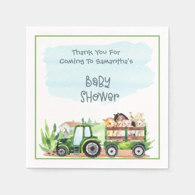   Farm Animals Green Tractor Boys Baby Shower  Napkin (Front)