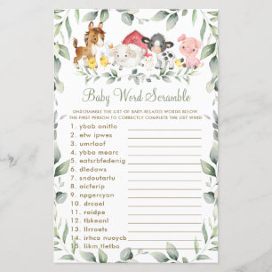 Farm Animals Greenery Baby Shower Word Scramble
