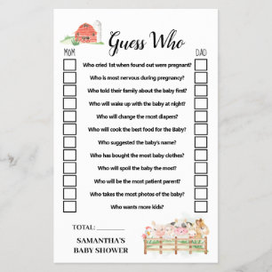 Farm Animals Guess Who Baby Shower Game Card