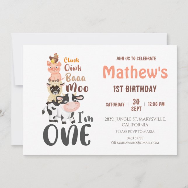 Farm animals Holy Cow First 1st Birthday Invitation (Front)