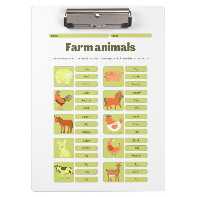 Farm Animals Identification Educational Worksheet Clipboard (Front)
