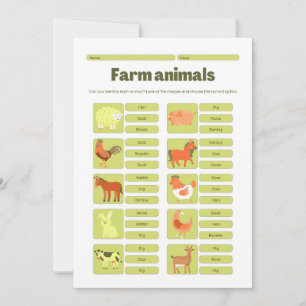 Farm Animals Identification Educational Worksheet Holiday Card