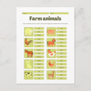 Farm Animals Identification Educational Worksheet Holiday Postcard