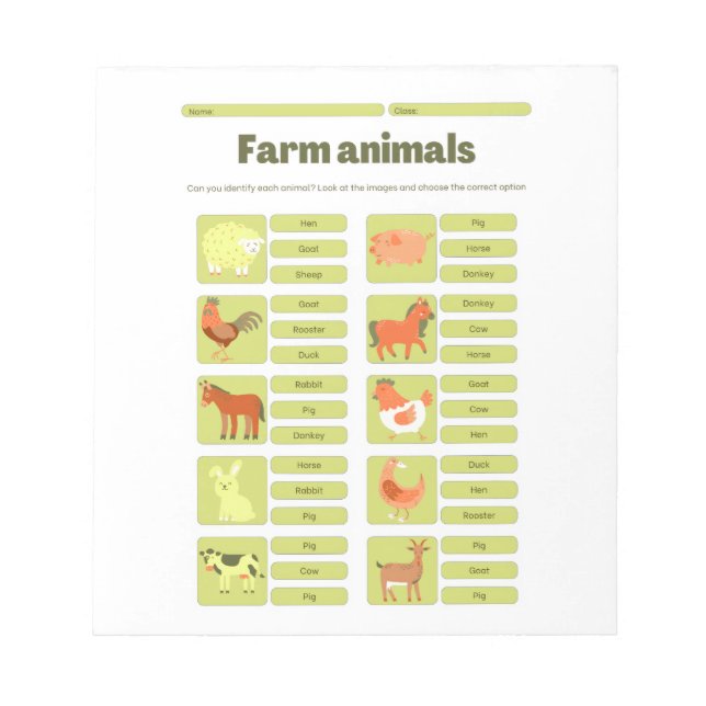 Farm Animals Identification Educational Worksheet Notepad (Front)