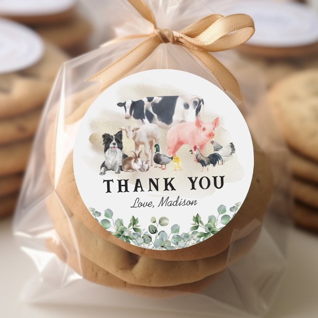 Farm Animals Kids Birthday Party Thank You Classic Round Sticker (Creator Uploaded)