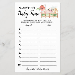 Farm Animals Name Baby Tune Shower Game card