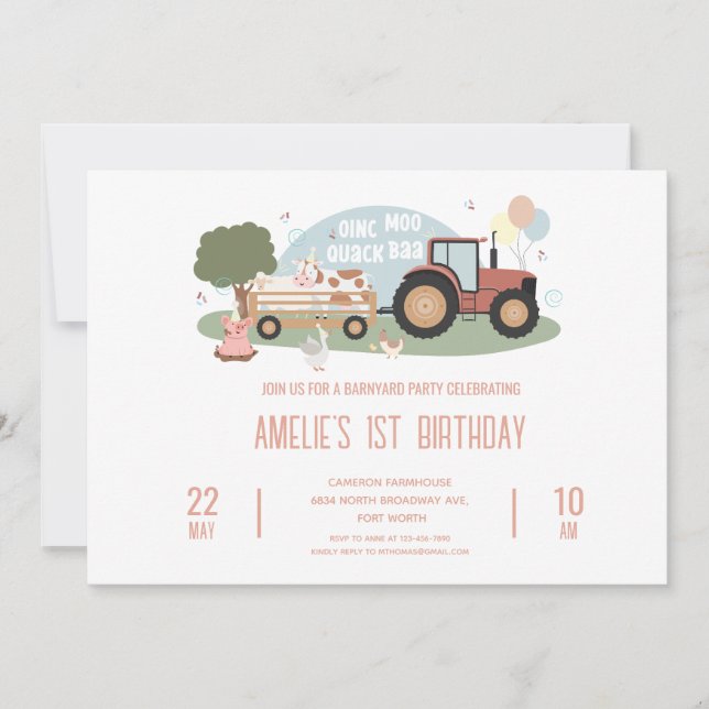 Farm Animals Party 1ST Birthday  Invitation (Front)